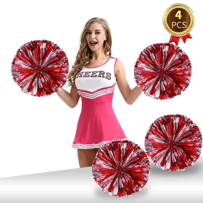 Ueerdand Pack of 4 Cheerleading Pom Poms Foil Plastic Metallic Cheerleader Pom Poms for Cheer Sport Kids Adults Team Spirit Cheering (Red/Silver) - Image 5